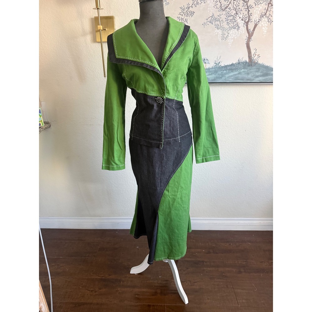 VIntage Devine Denim NY Green Denim Skirt Suit Set Rhinestone Colorblock Size 14